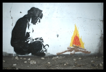 Anonimous, stencil, by the fire...